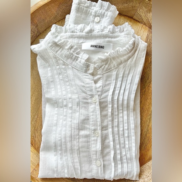 Anine Bing Women’s 100% Cotton White Ruffle Neck Tuxedo Button Down Size Small - Picture 8 of 8
